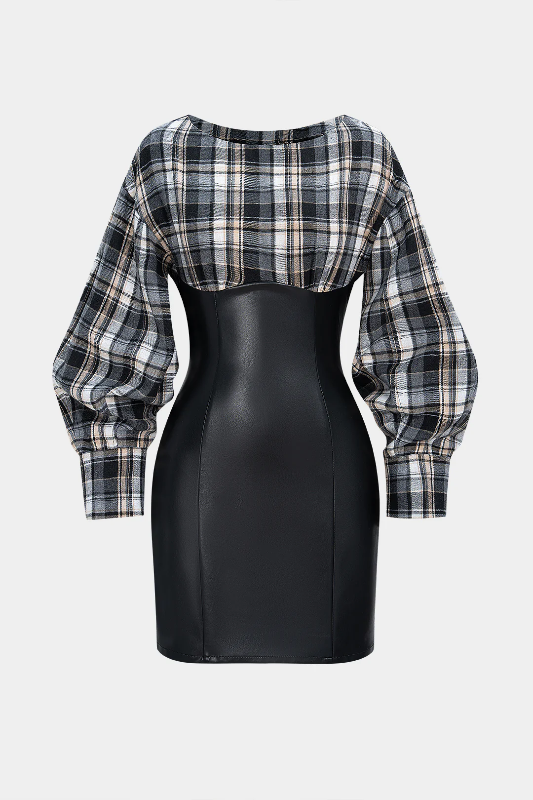 Plaid Print Faux Leather Patchwork Long Sleeve Mini Dress - Weenar