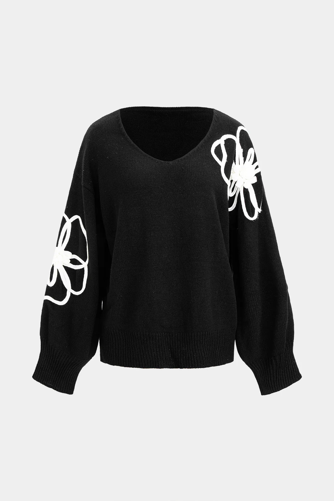 Knit V-Neck Flower Applique Long-Sleeve Top - Weenar