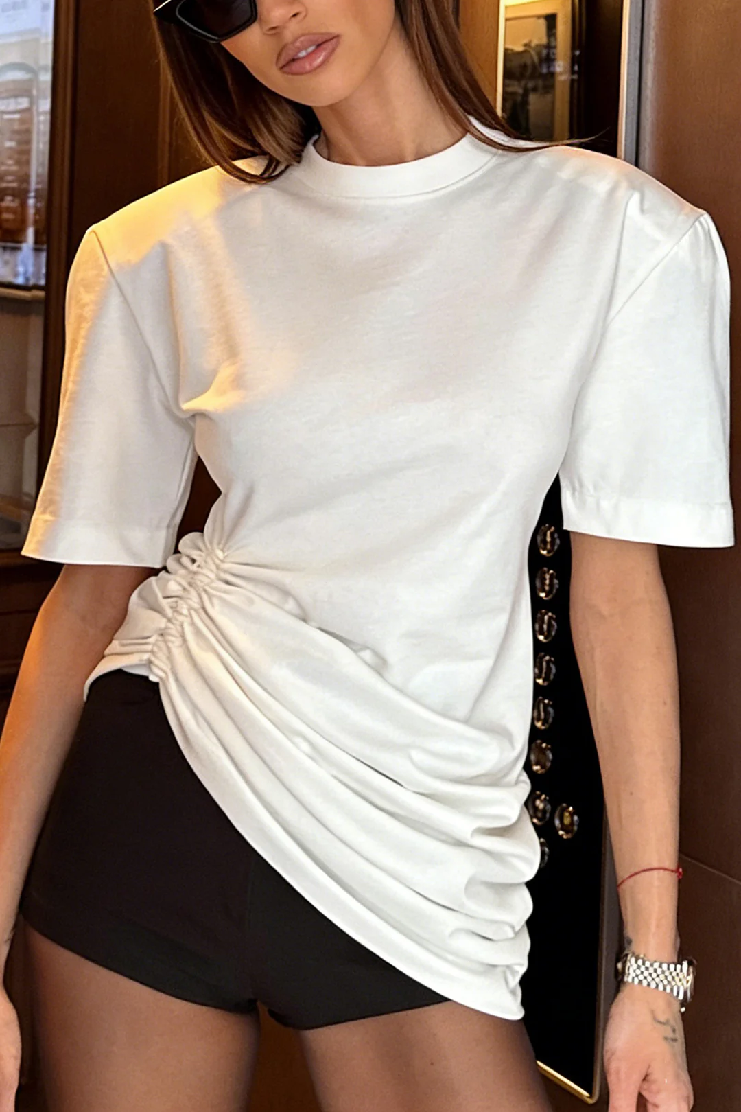 Round Neck Asymmetrical Ruched Shoulder Pads Short Sleeve T-Shirt - Weenar