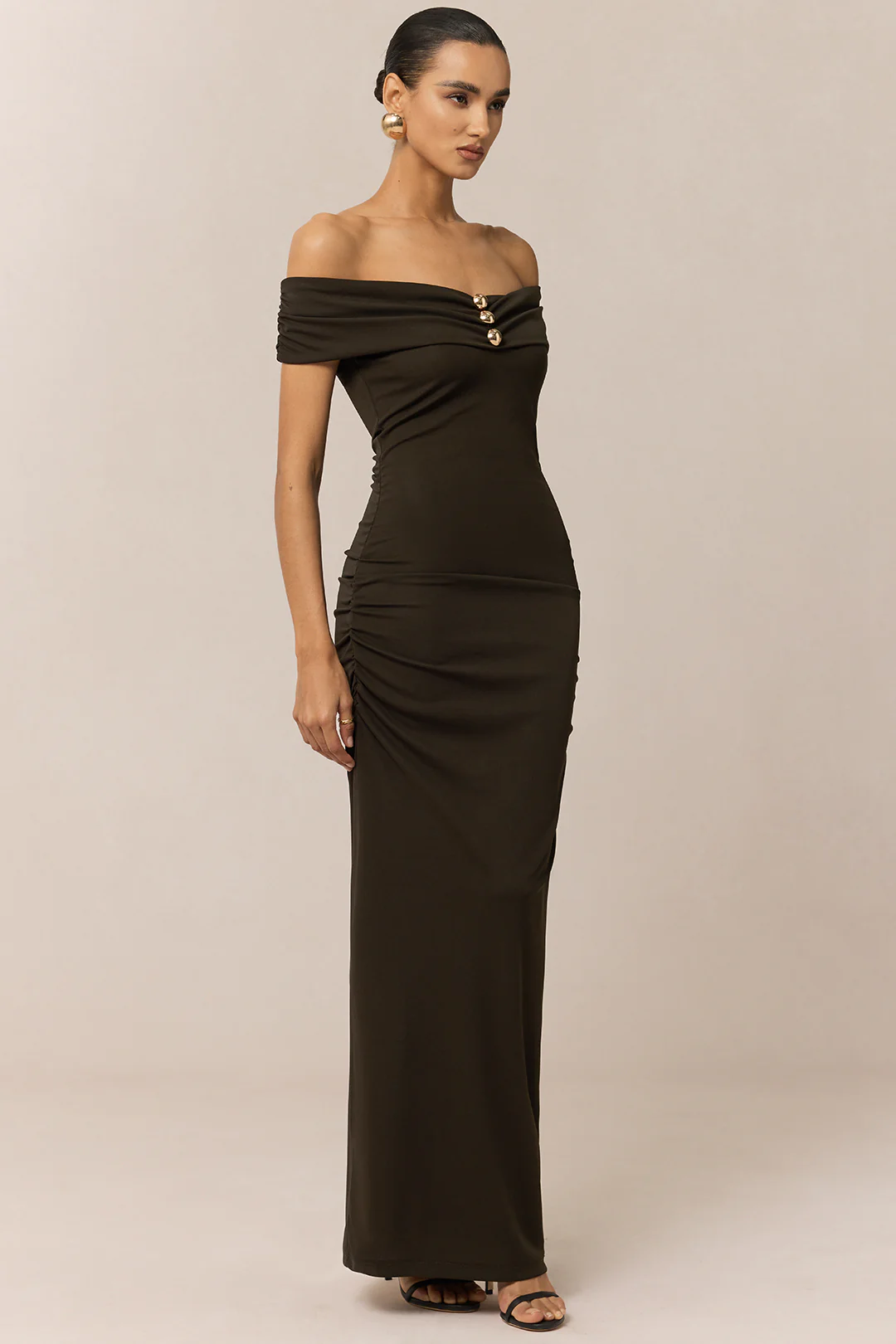 Off Shoulder Metallic Button Maxi Dress - Weenar