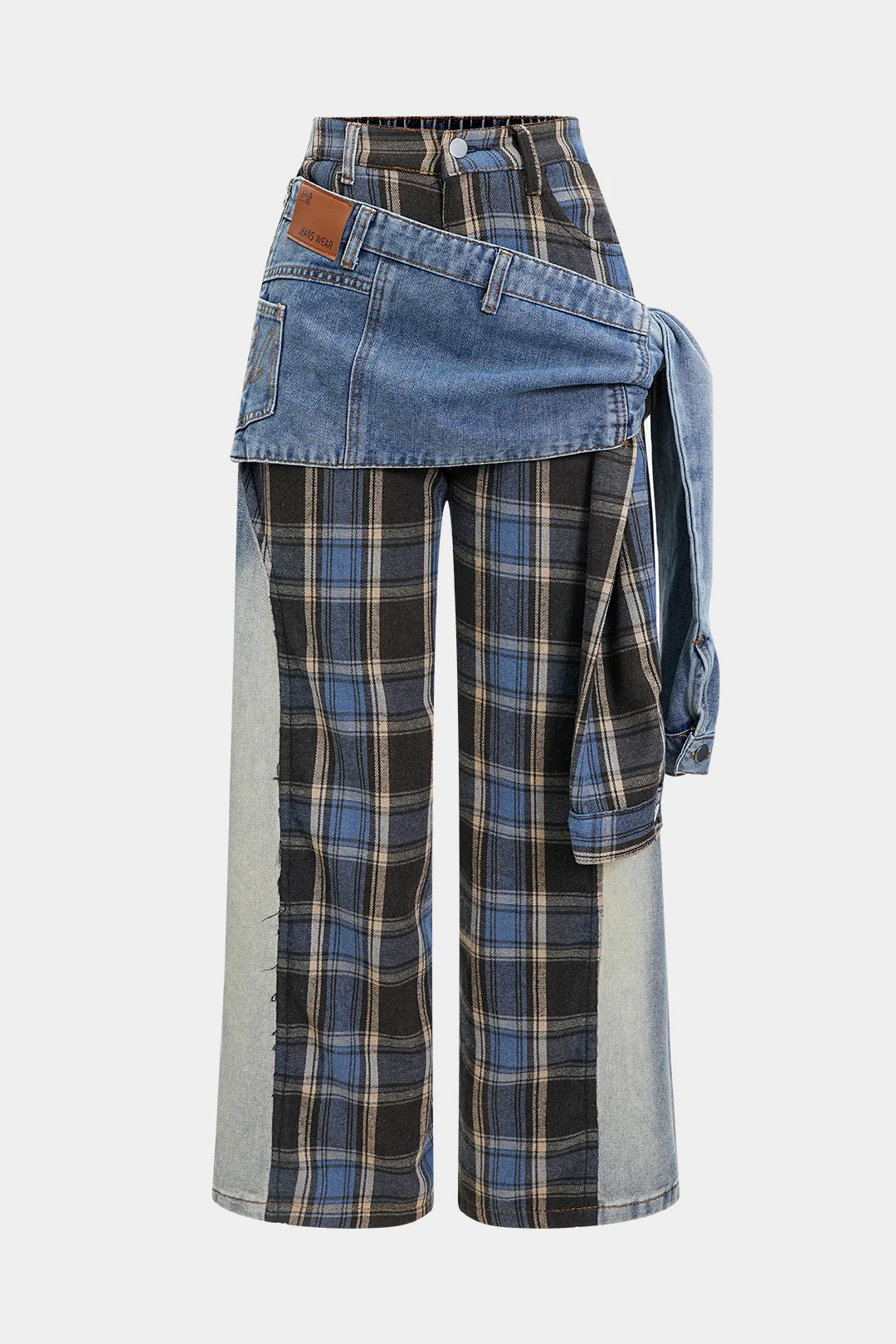Denim Patchwork Plaid Print Washed Jeans - Weenar