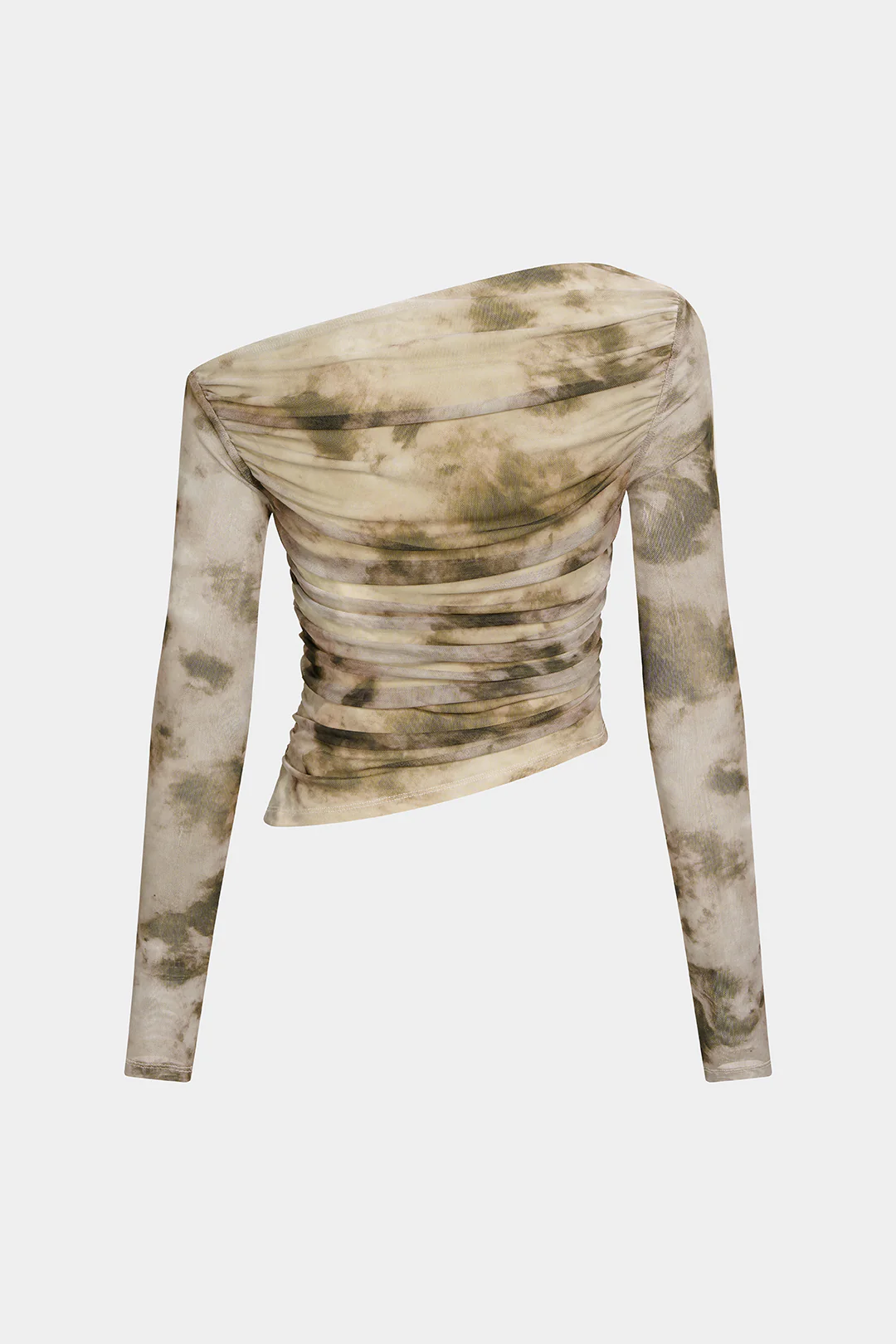Abstract Print Mesh Off Shoulder Ruched Asymmetrical Long-Sleeve Top - Weenar