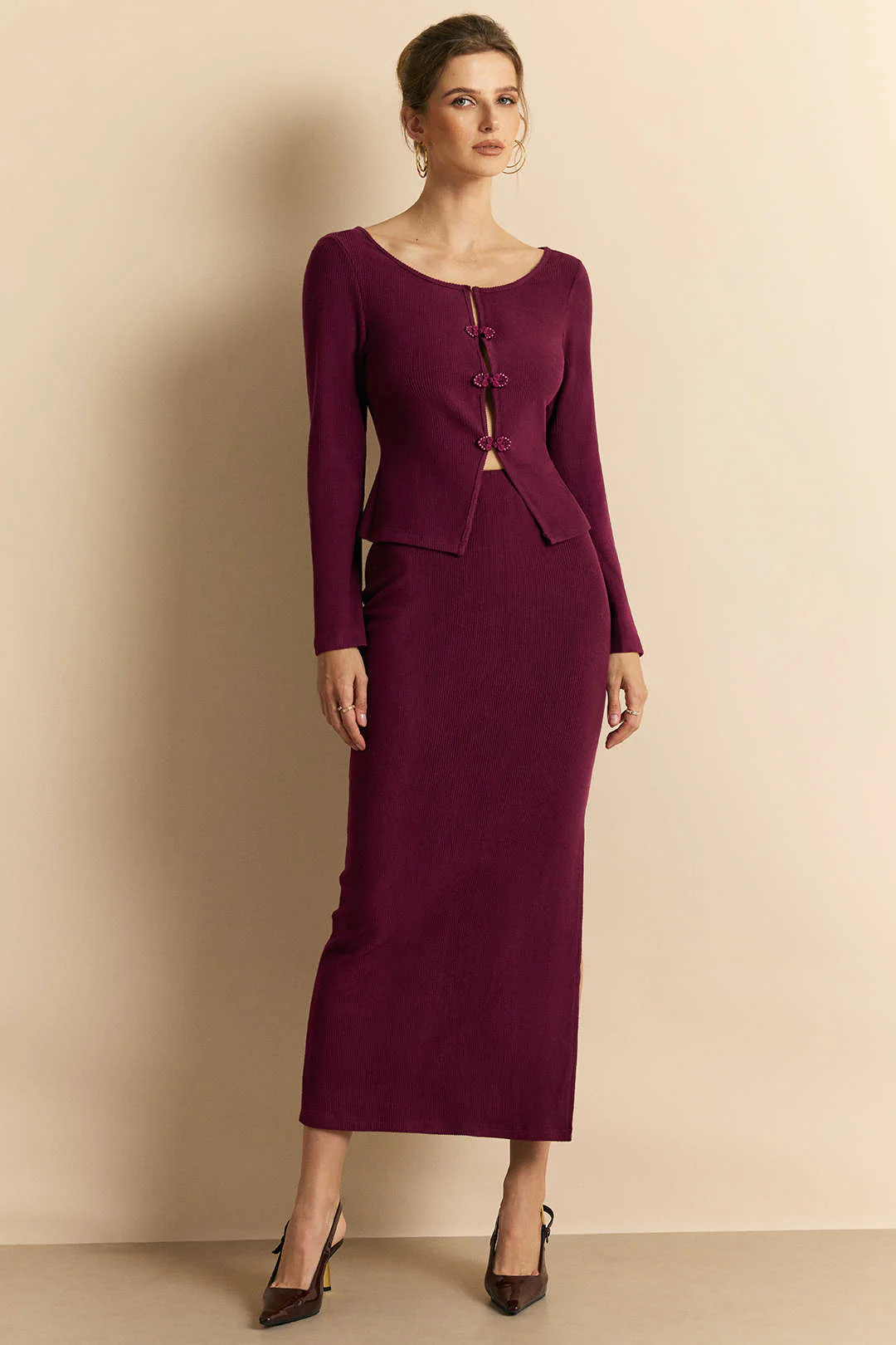 Knit Frog Button Long-Sleeve Top And Skirt Set - Weenar