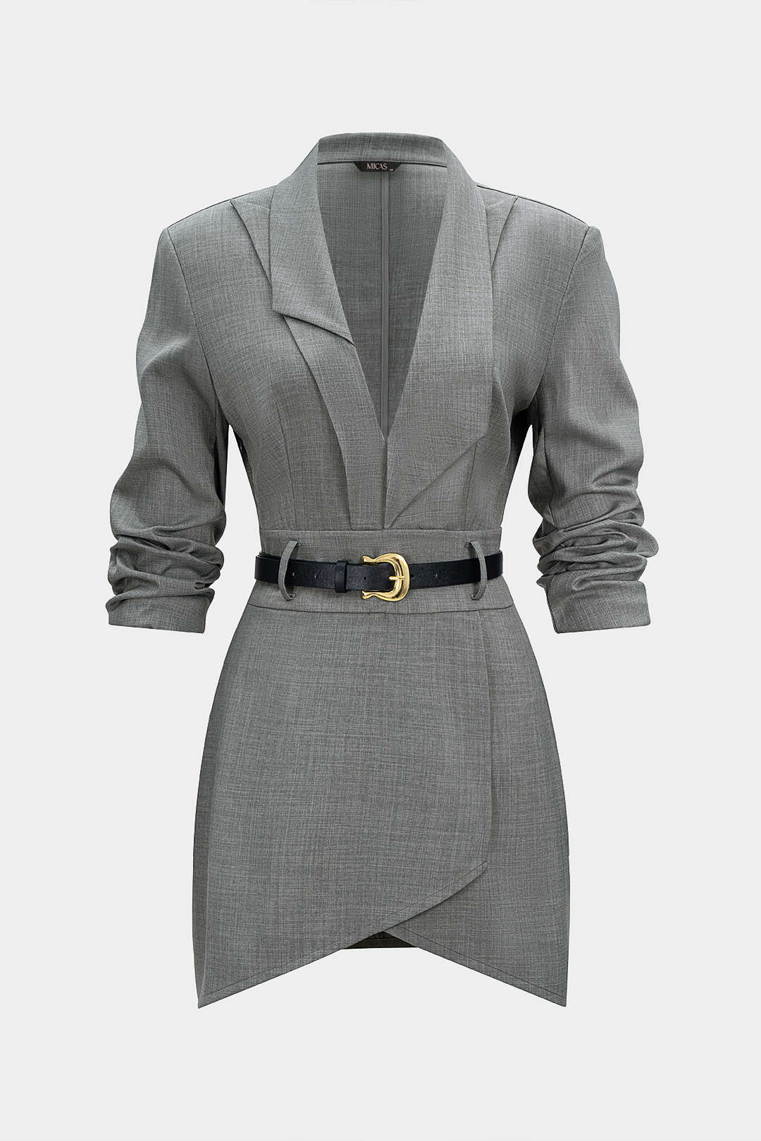 Asymmetrical Notched Lapel Belted Long Sleeve Mini Dress - Weenar
