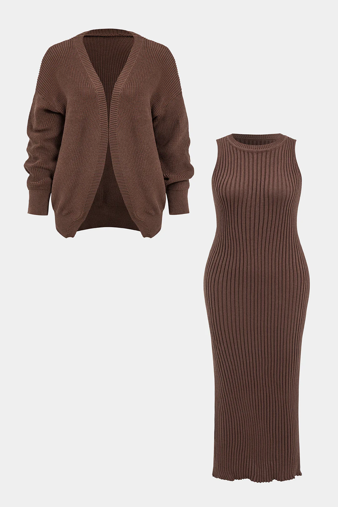 Plus Size Knit Ribbed Sleeveless Dress And Cardigan Set - Weenar