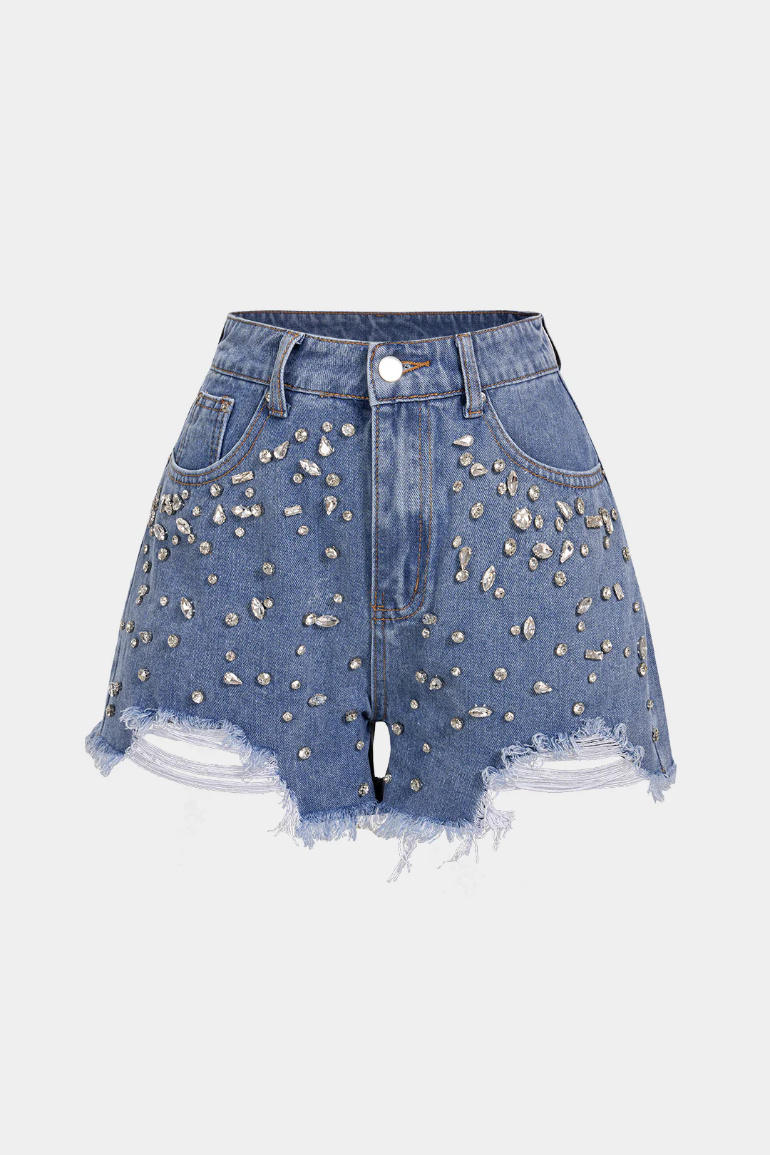 Denim Rhinestone Decor Pocket Ripped Shorts - Weenar