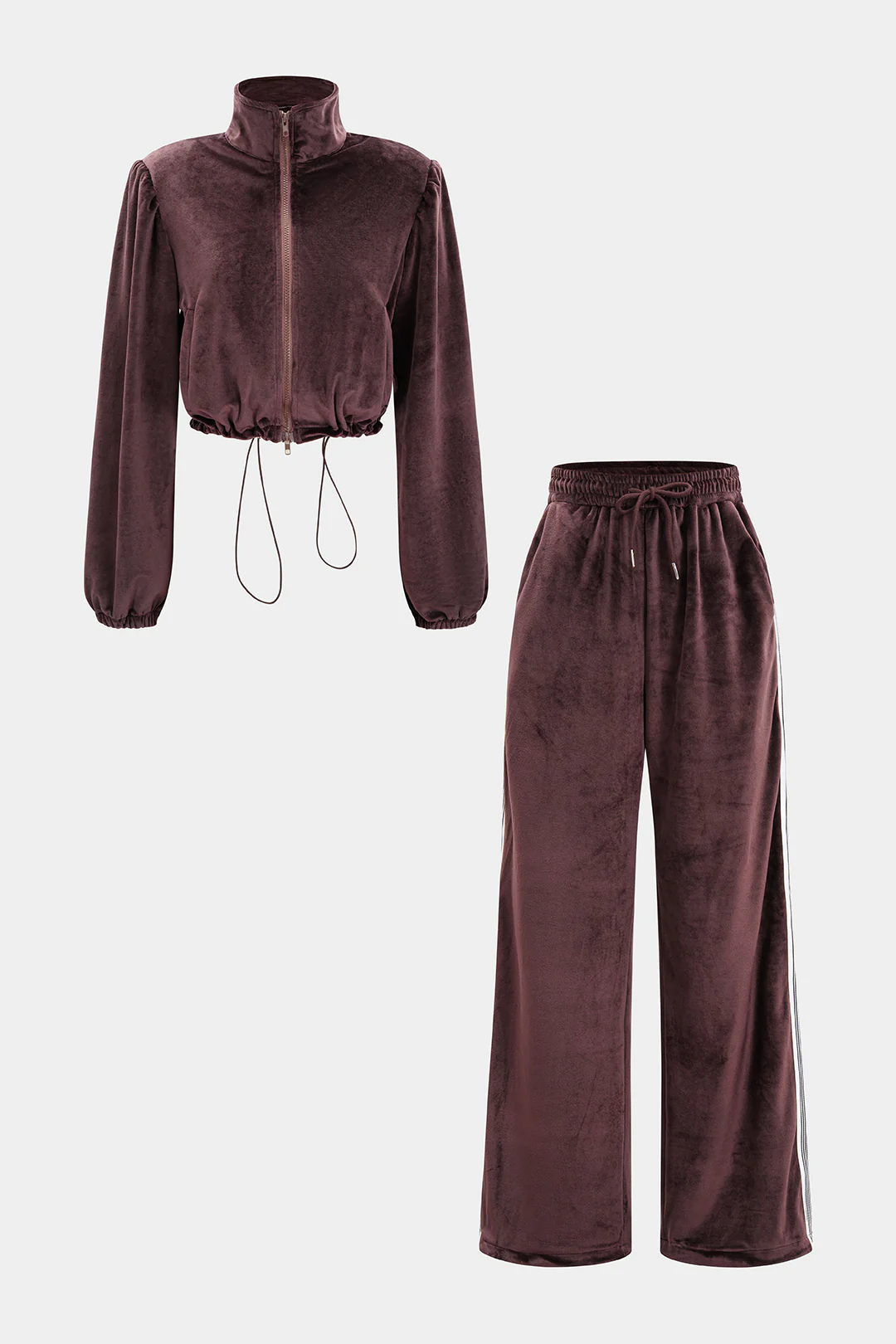 Velvet Stand Collar Zipper Long-Sleeve Top And Drawstring Pants Set - Weenar