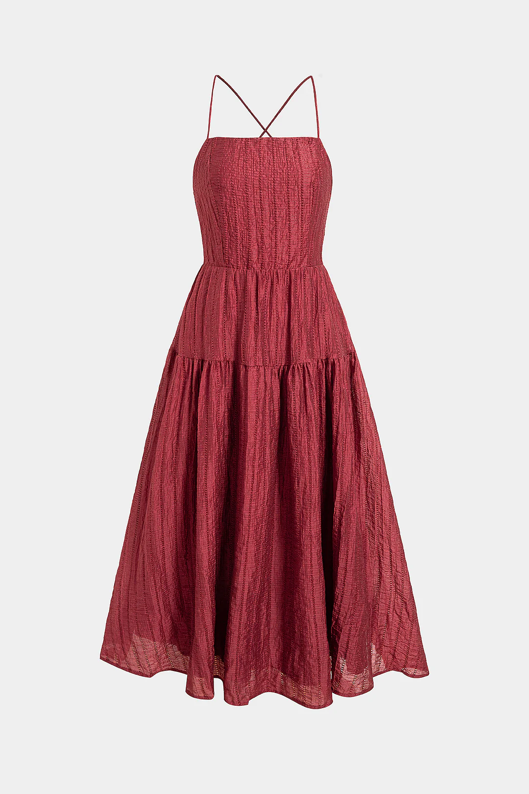 Textured Crossed Backless Smocked Sleeveless Midi Dress - Weenar