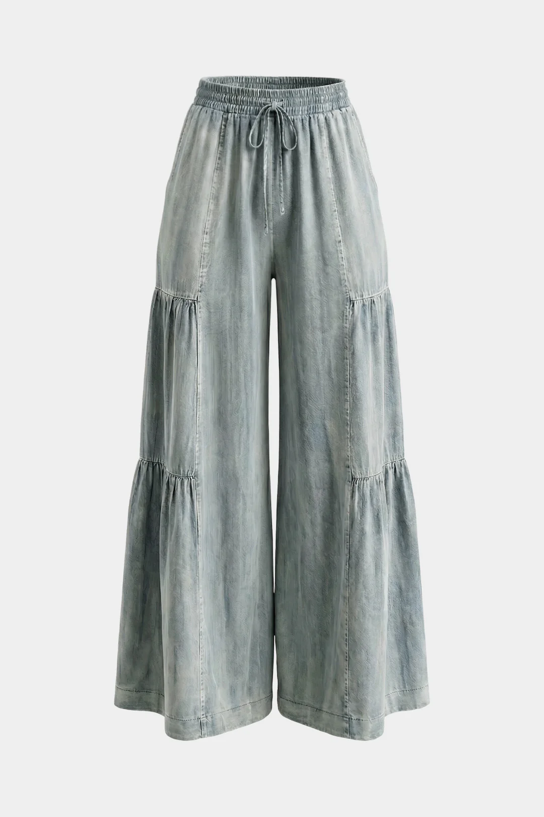 Denim Drawstring Shirred Waistband Wide Leg Jeans - Weenar