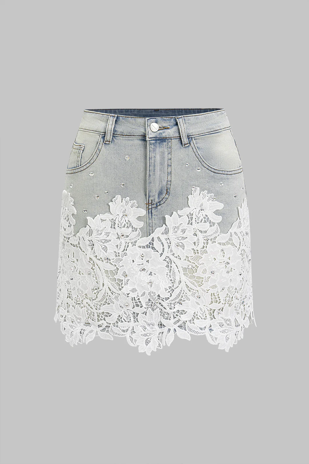 Denim High Waist Lace Patchwork Skirt - Weenar