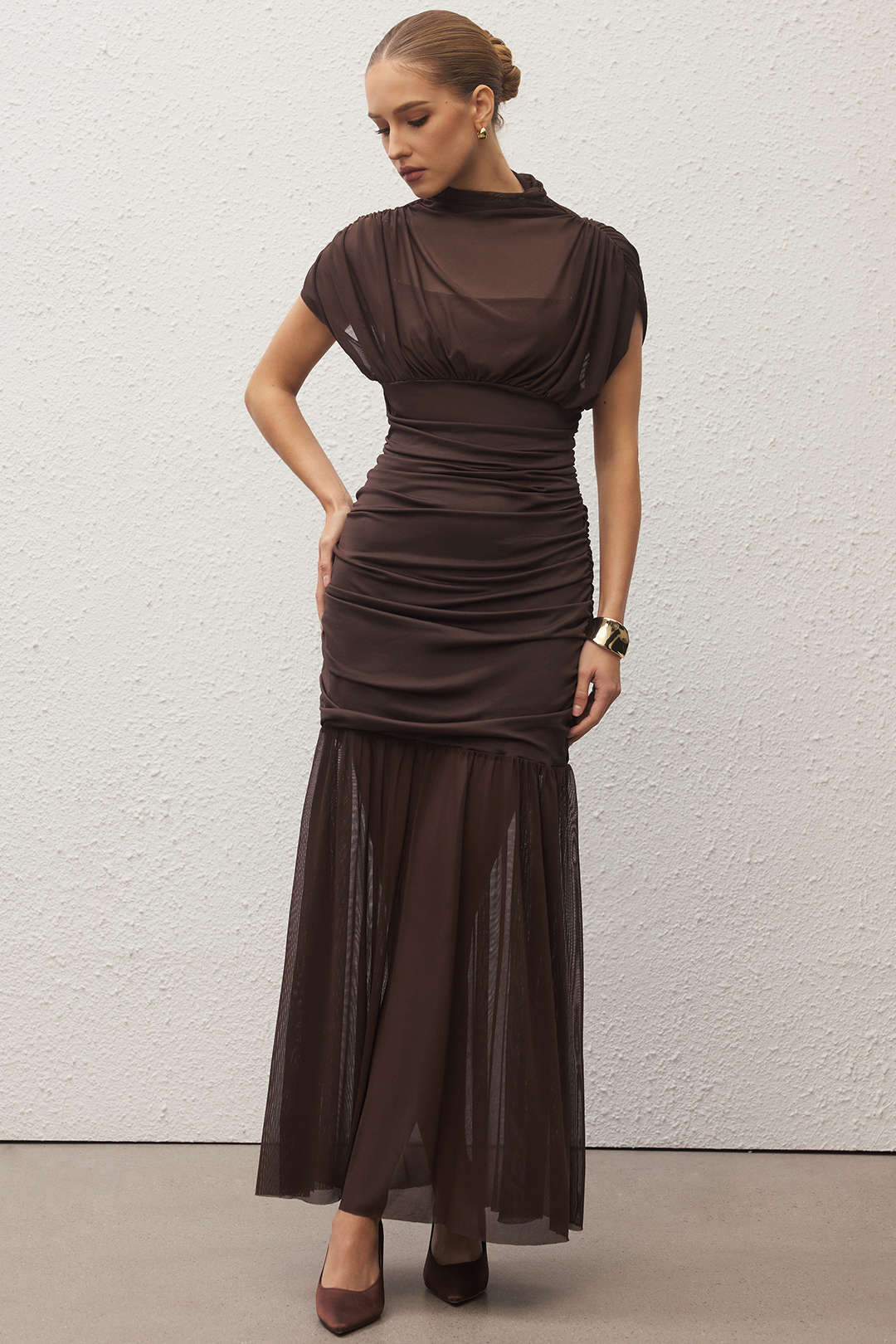 Mesh Patchwork Mock Neck Short-Sleeve Maxi Dress - Weenar