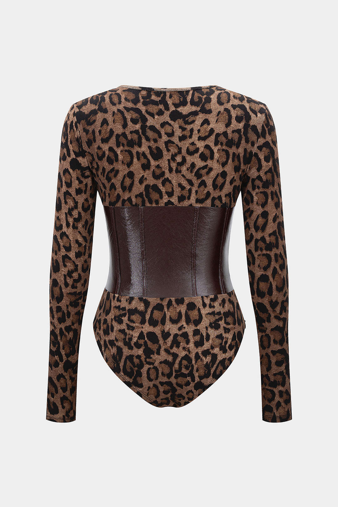Leopard Print Faux Leather Patchwork Long-Sleeve Bodysuit - Weenar