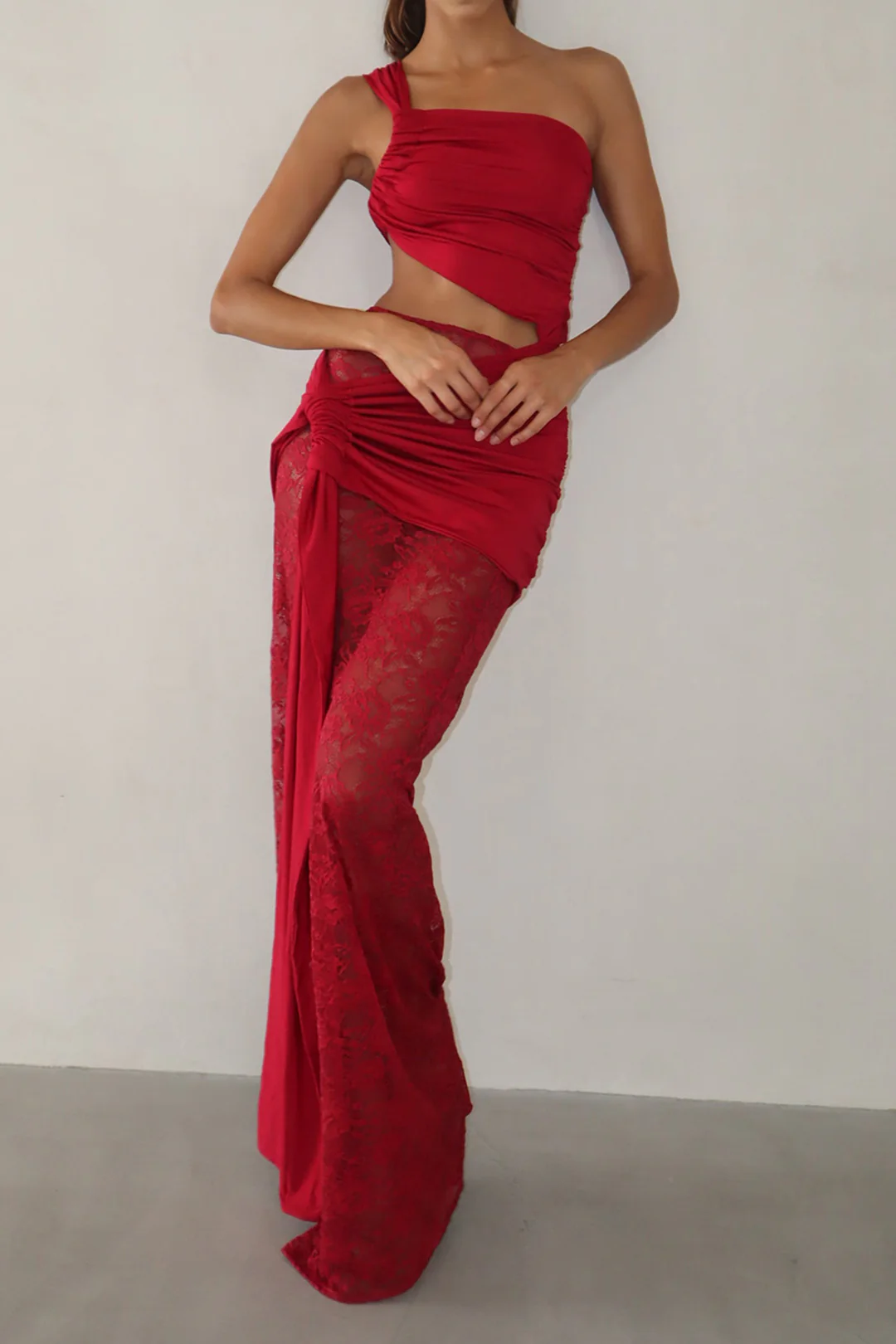 Lace Tie Front Hollow Out Patchwork Ruched Skirt Set - Weenar