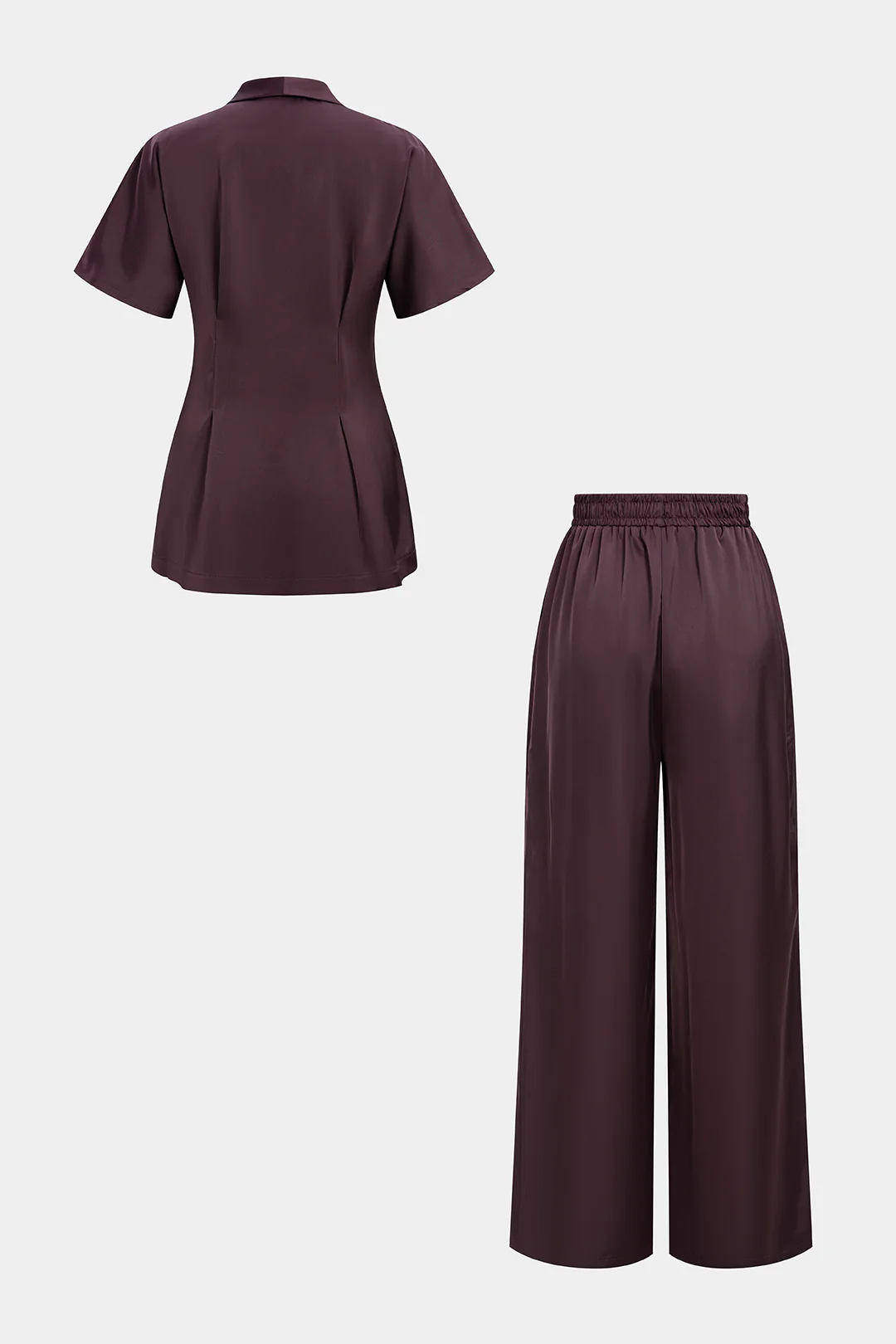 Satin V-Neck Short-Sleeve Top And High-Waist Wide-Leg Pants Set - Weenar
