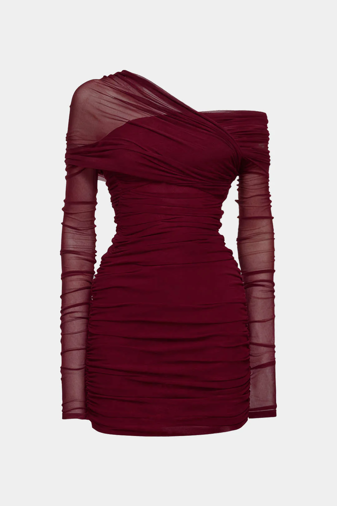 Sheer Mesh One Shoulder Long Sleeve Ruched Mini Dress - Weenar