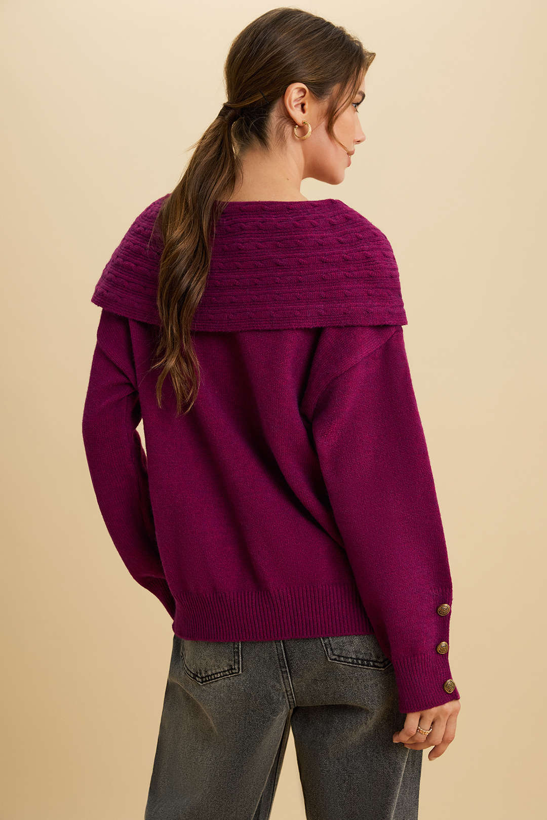 Knit Irregular Lapel Button Long-Sleeve Top - Weenar