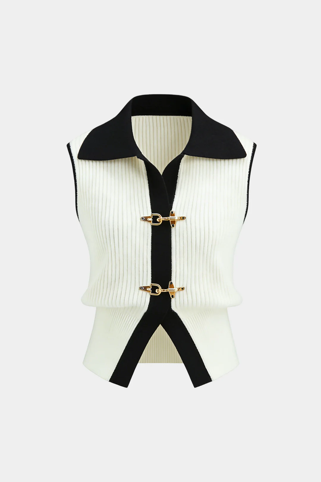 Knit Contrast Binding Lapel Metallic Buckle Tank Top - Weenar