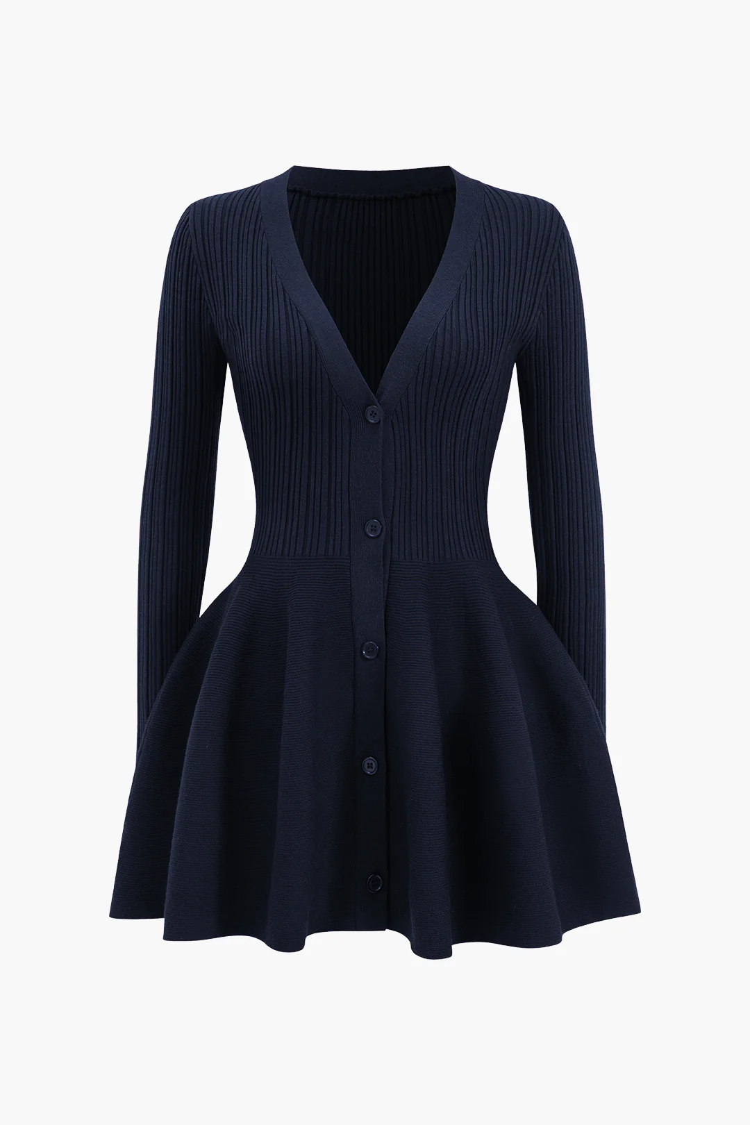 Knit Puff Hem Long Sleeve V-neck Dress - Weenar