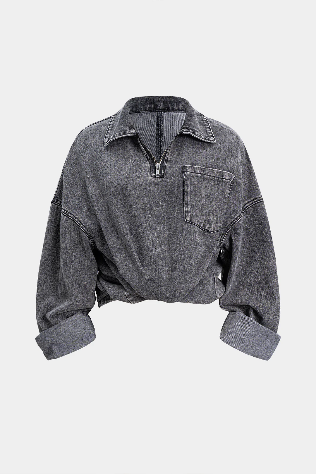 Denim Zipper Long Sleeve T-Shirt - Weenar