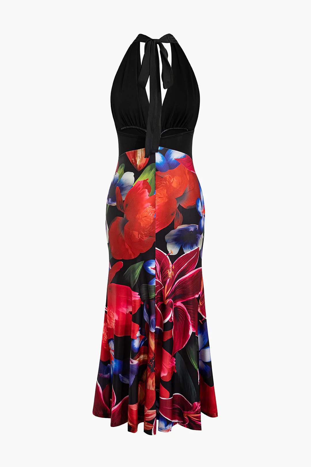 Floral Print Halter Neck Tie Up Backless Patchwork Sleeveless Maxi Dress - Weenar