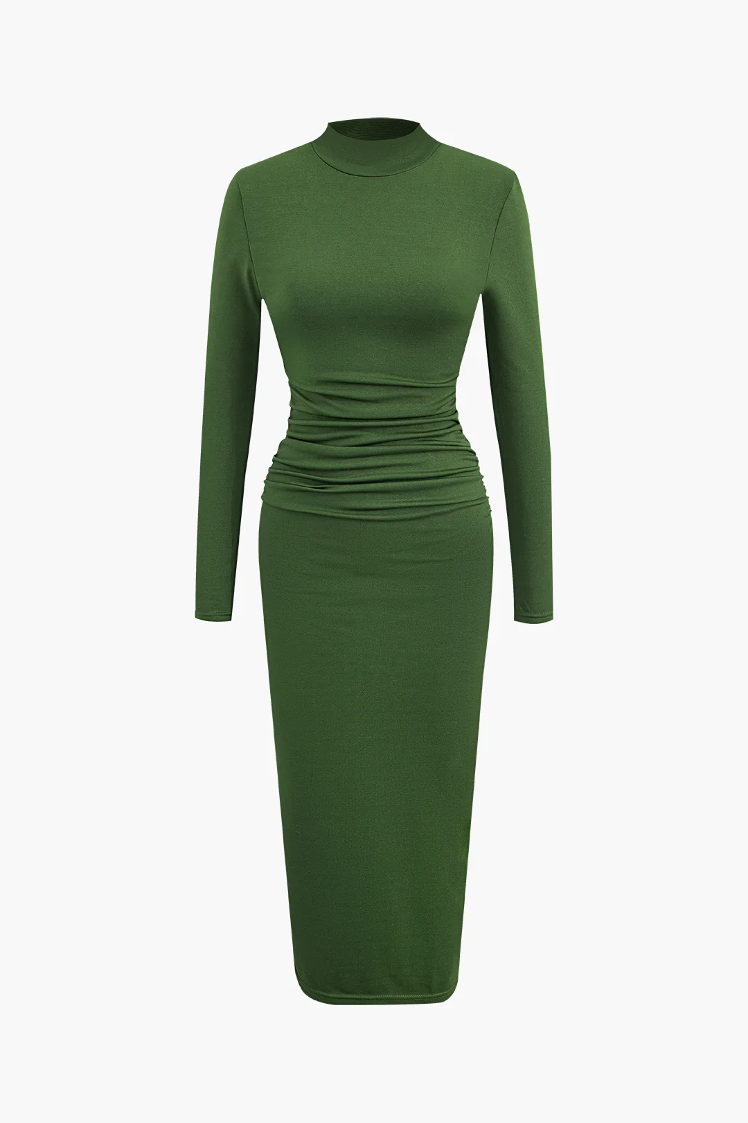 Round Neck Ruched Long Sleeve Midi Dress - Weenar