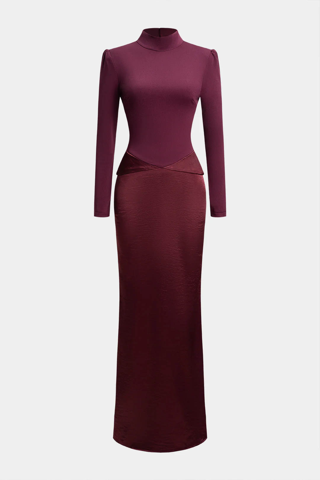 Satin Patchwork Mock Neck Backless Long-Sleeve Maxi Dress - Weenar