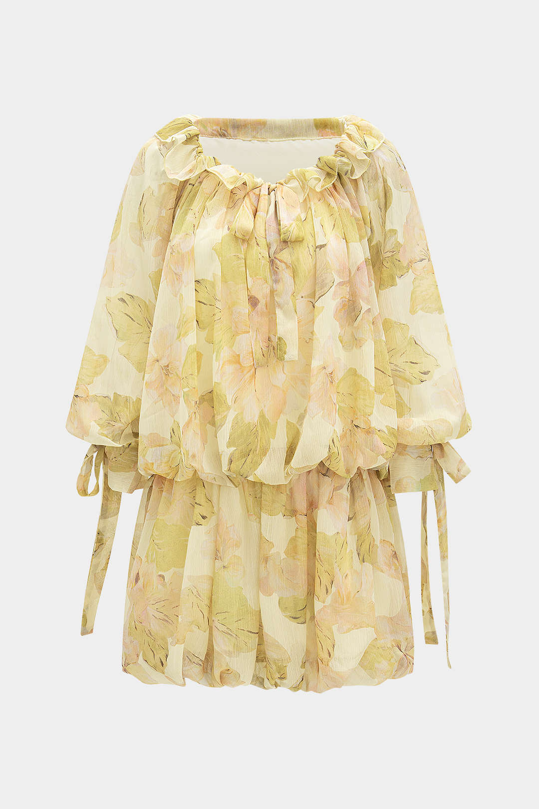 Mesh Floral Print Off Shoulder Ruffle Long-Sleeve Mini Dress - Weenar