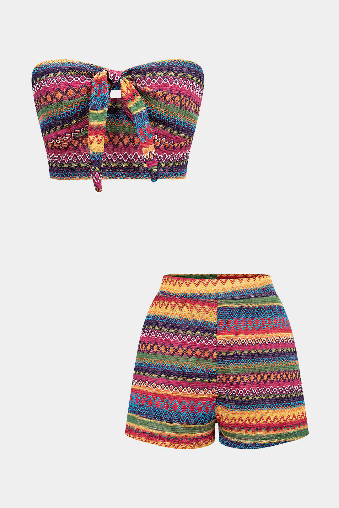 Multicolor Striped Tie Front Cropped Tube Top And High Waist Shorts Set - Weenar