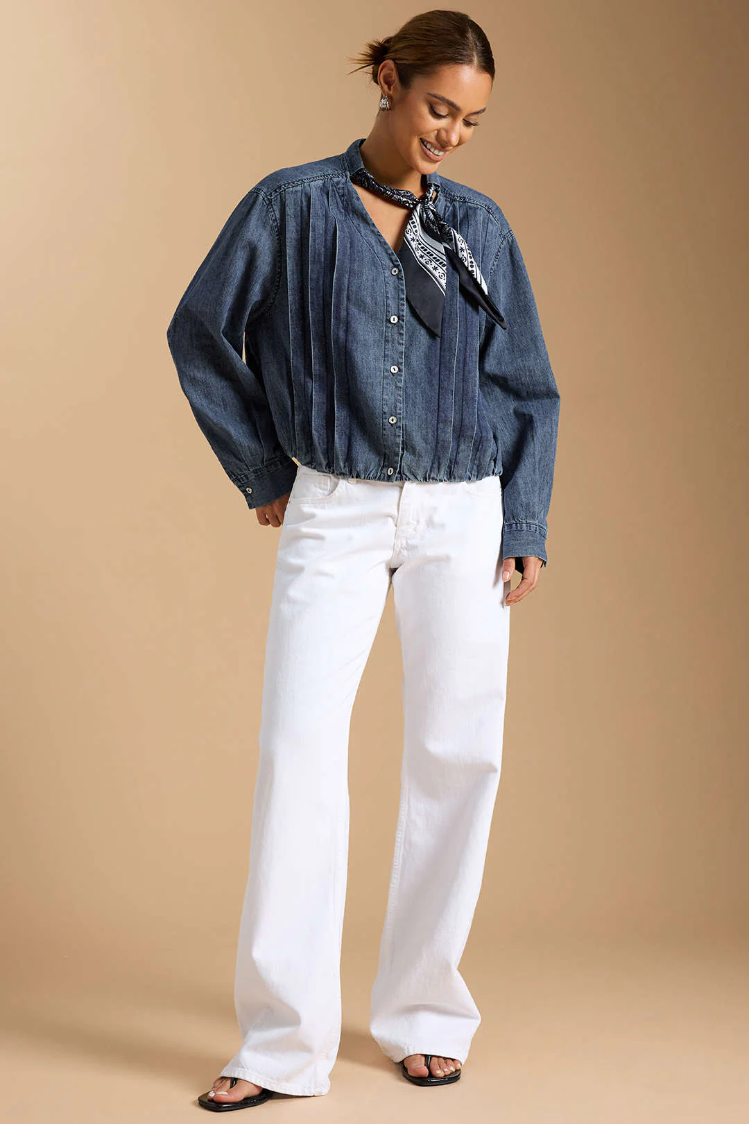 Denim Tie-Up Pleated Long Sleeve Shirt - Weenar