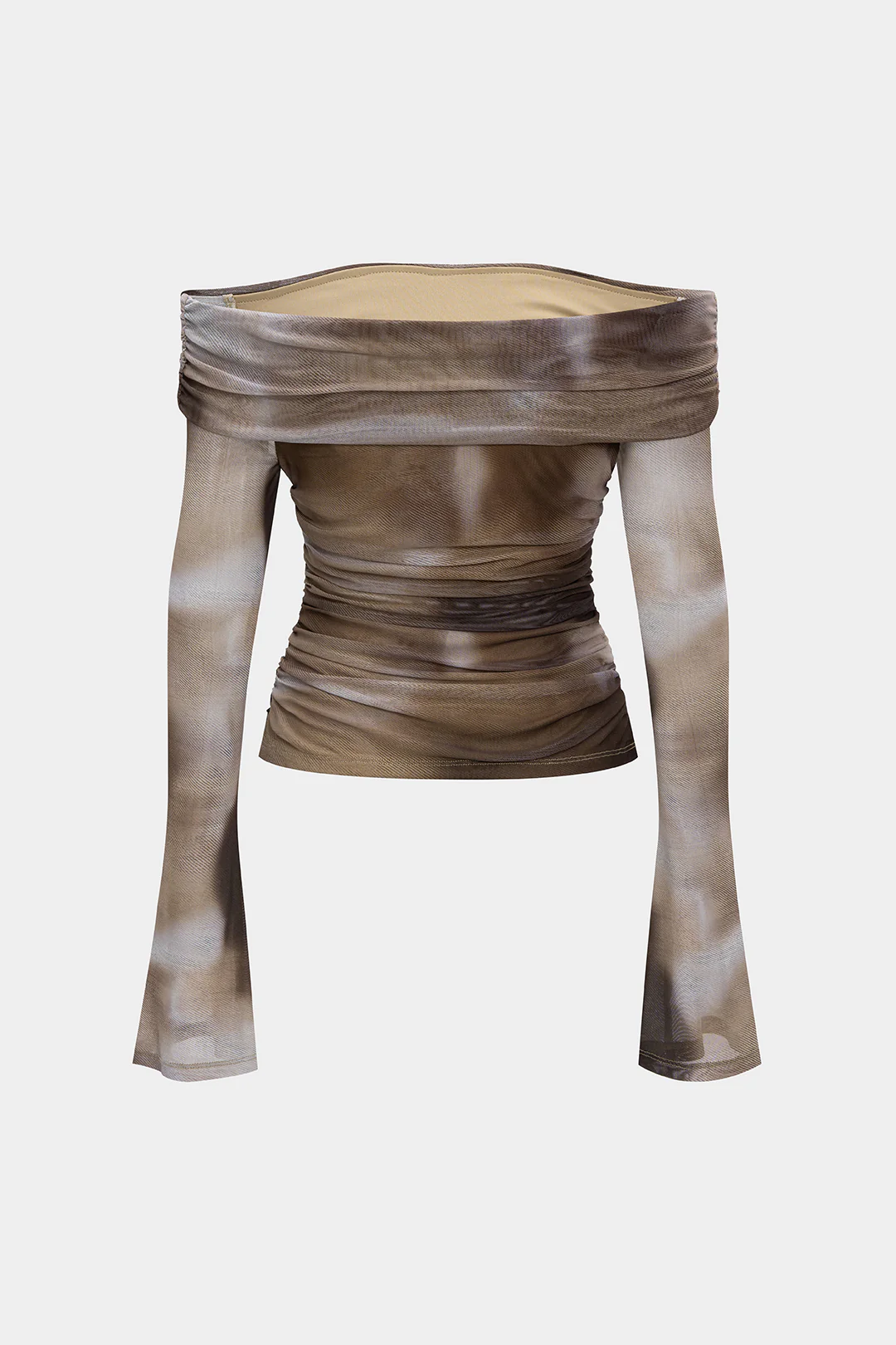 Abstract Tie Dye Ombre Print Mesh Off Shoulder Ruched Bell Sleeve Top - Weenar