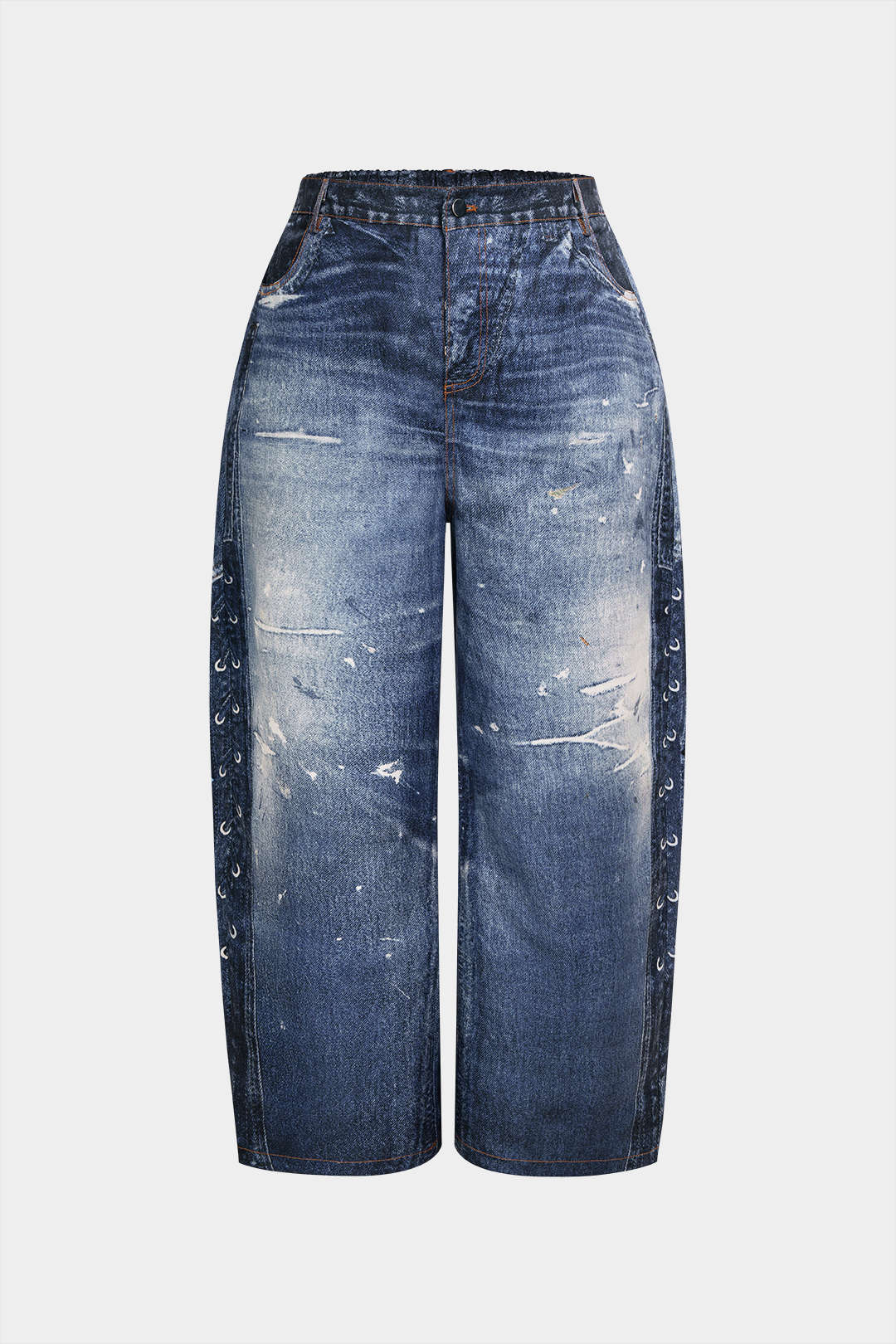 Plus Size Denim Print Asymmetrical Pants - Weenar