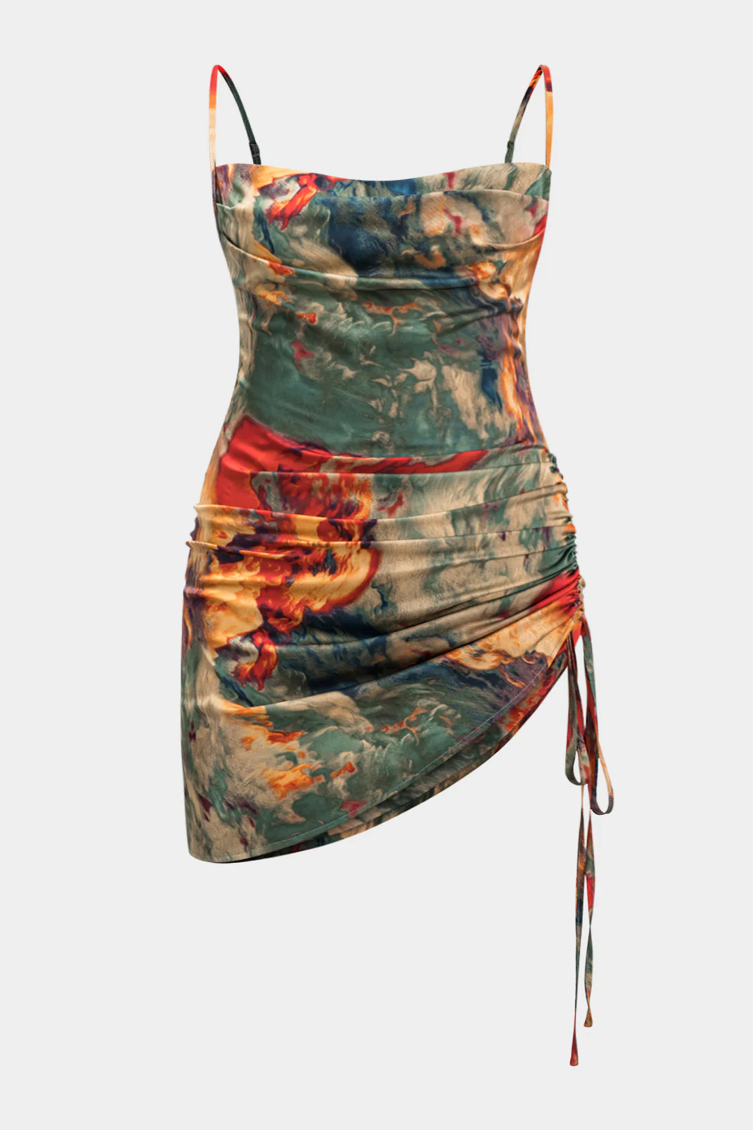 Plus Size Satin Watercolor Print Drawstring Ruched Slip Sleeveless Mini Dress - Weenar
