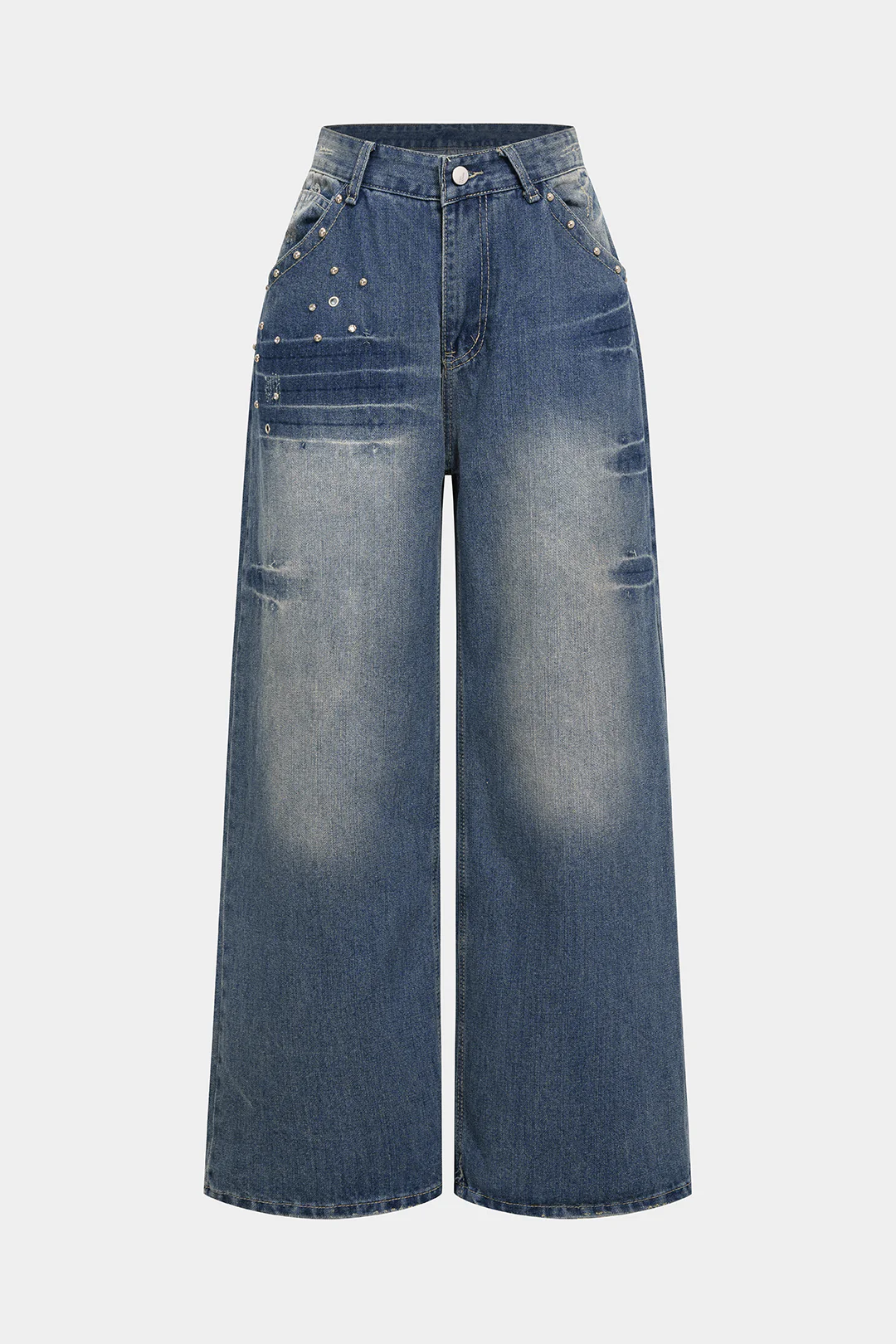 Denim Rivet Rhinestone Decor Straight Leg Jeans - Weenar