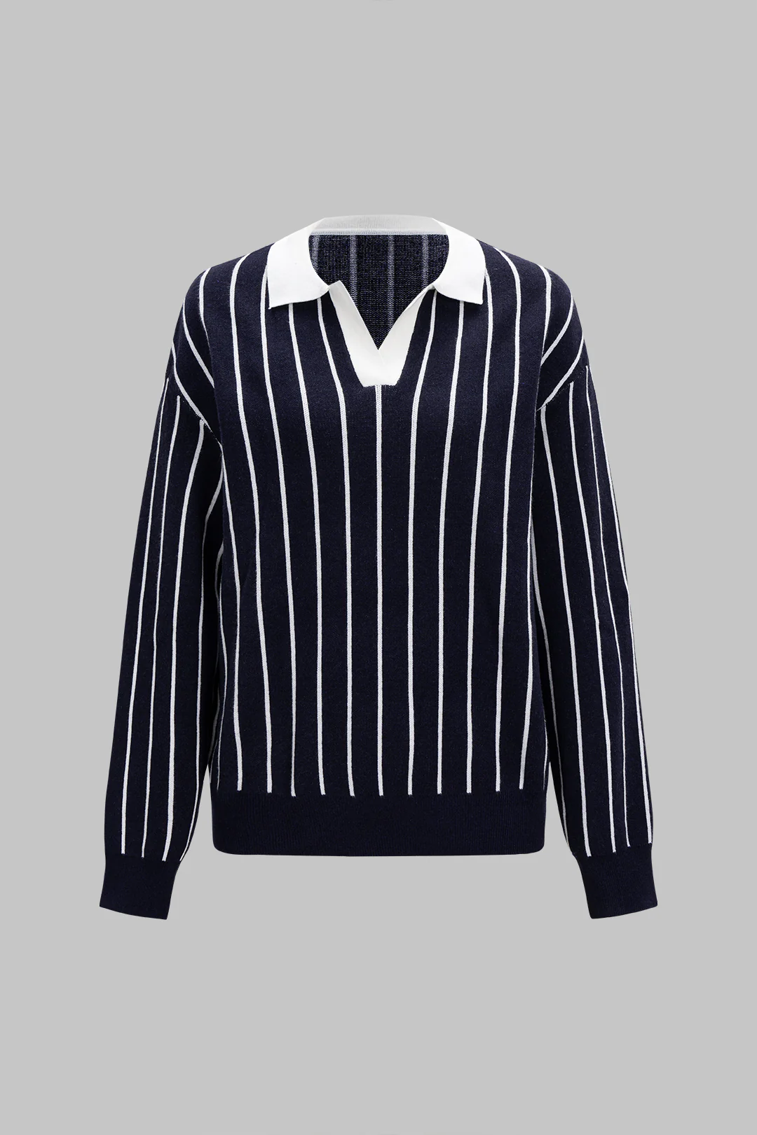 Knit Stripes Print Collar Long-Sleeve Top - Weenar