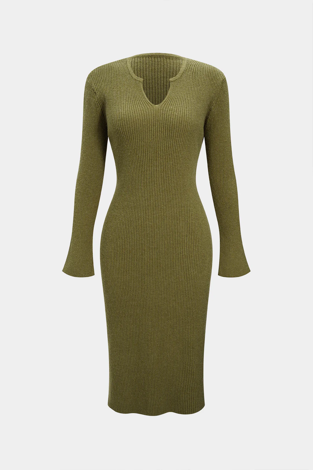 Knit Solid V-Neck Bell Long Sleeve Dress - Weenar