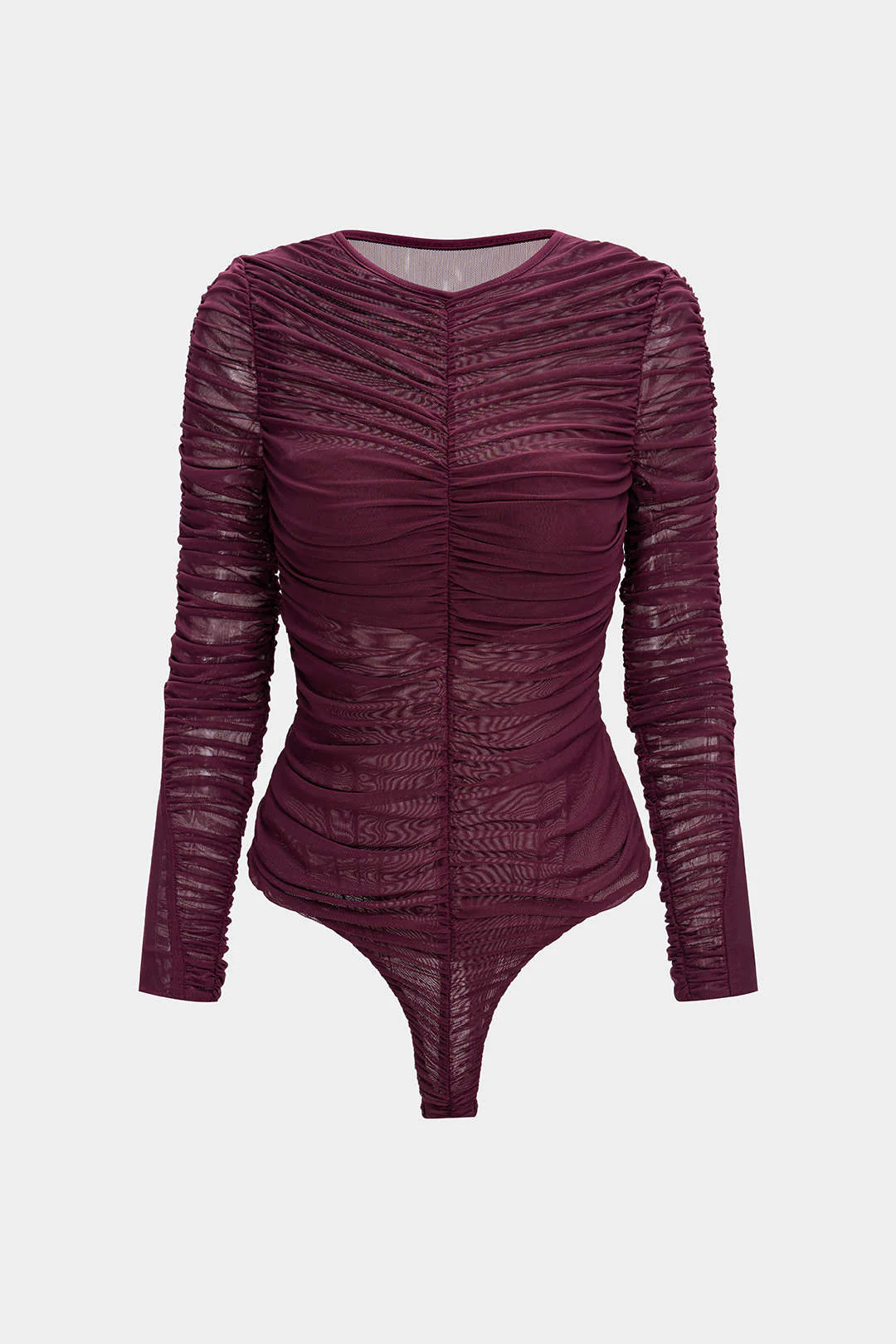 Mesh Round Neck Ruched Long-Sleeve Bodysuit - Weenar