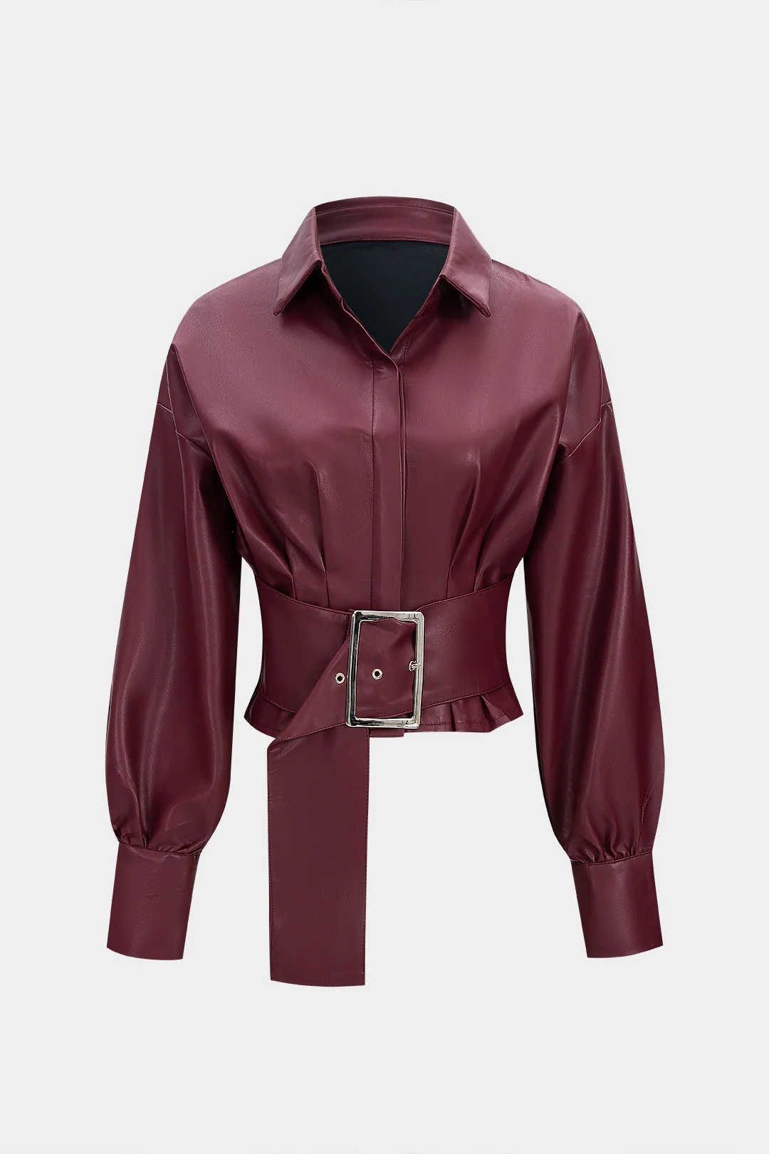 Faux Leather Pleated Belted Long-Sleeve Shirt - Weenar