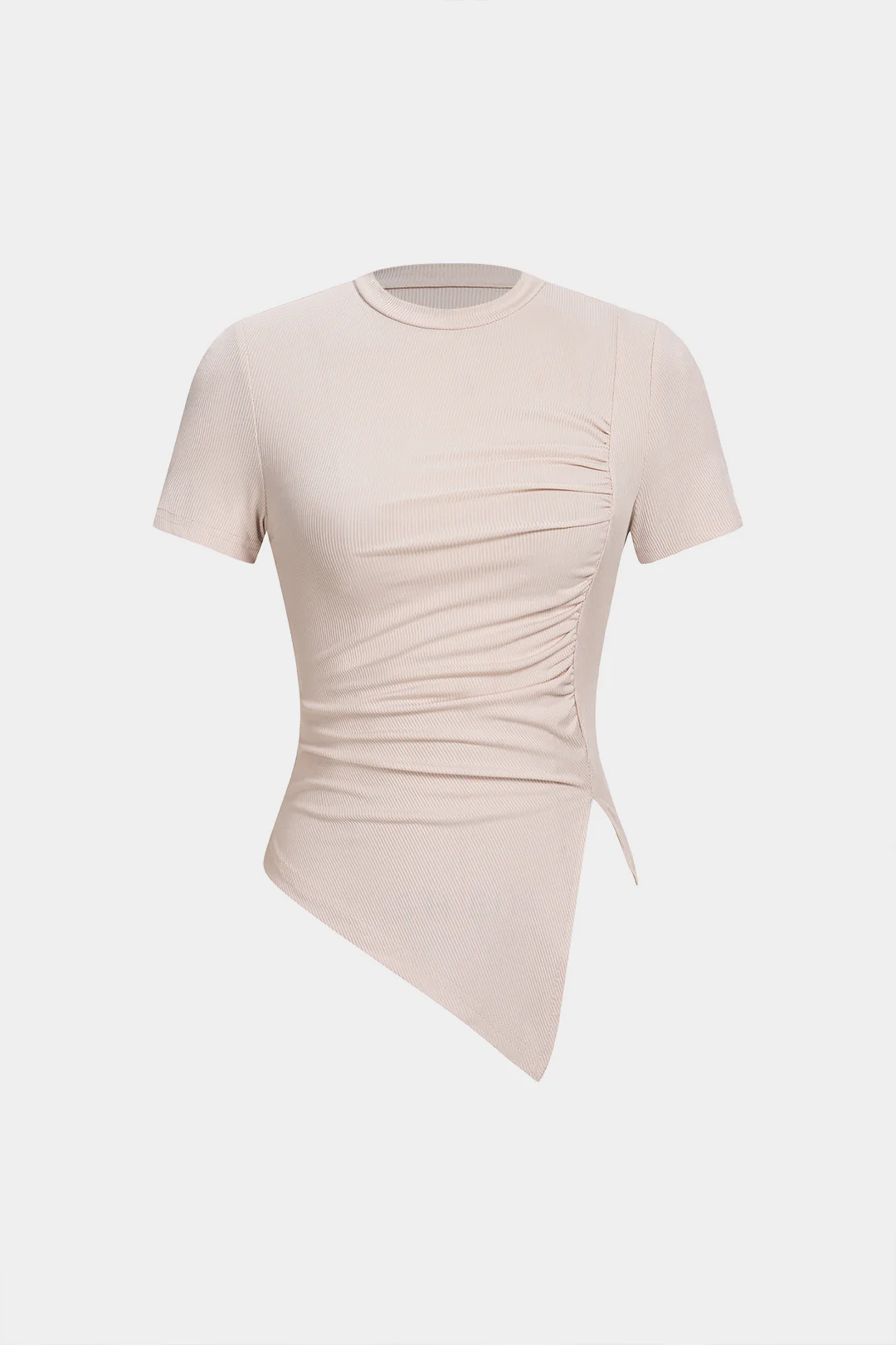 Round Neck Asymmetrical Ruched Short Sleeve T-Shirt - Weenar