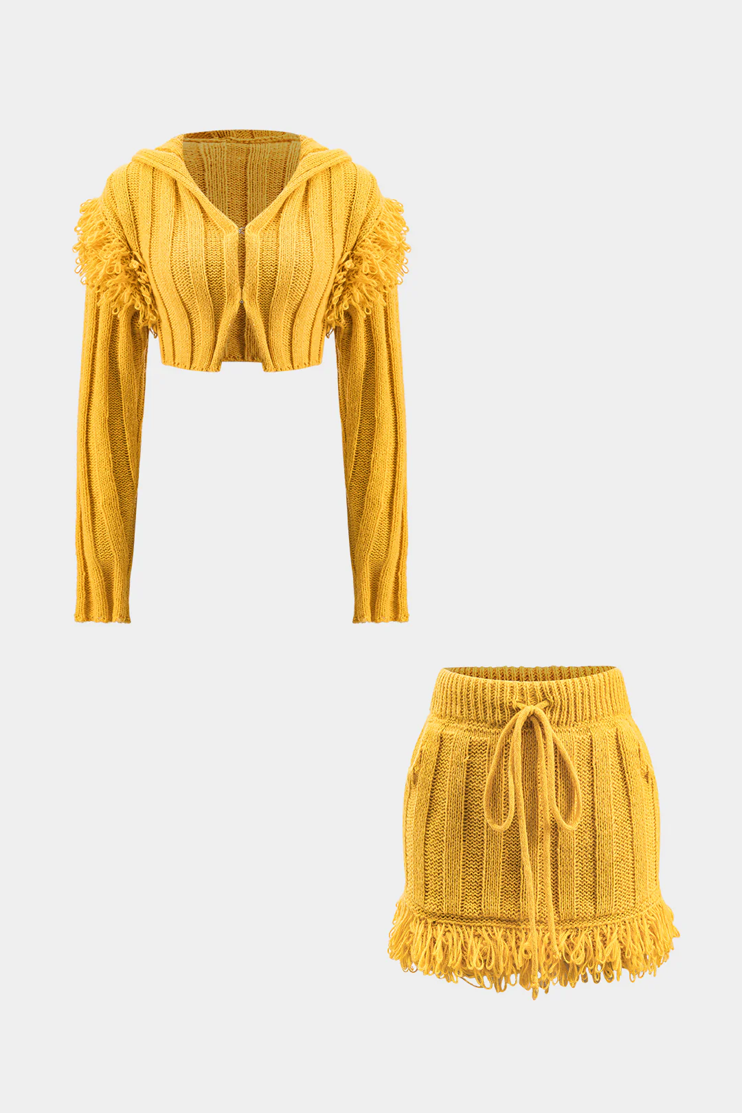Knit Fringe Long-Sleeve Top And Drawstring Tie-Up Mini Skirt Set - Weenar