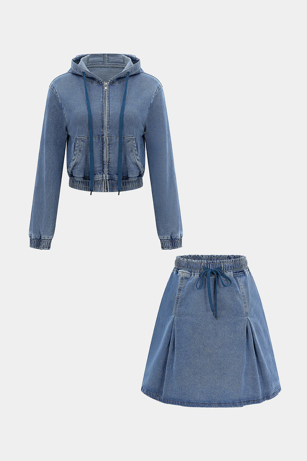 Denim Shirred Drawstring Long-Sleeve Top And Ruched High Waist Mini Skirt Set - Weenar