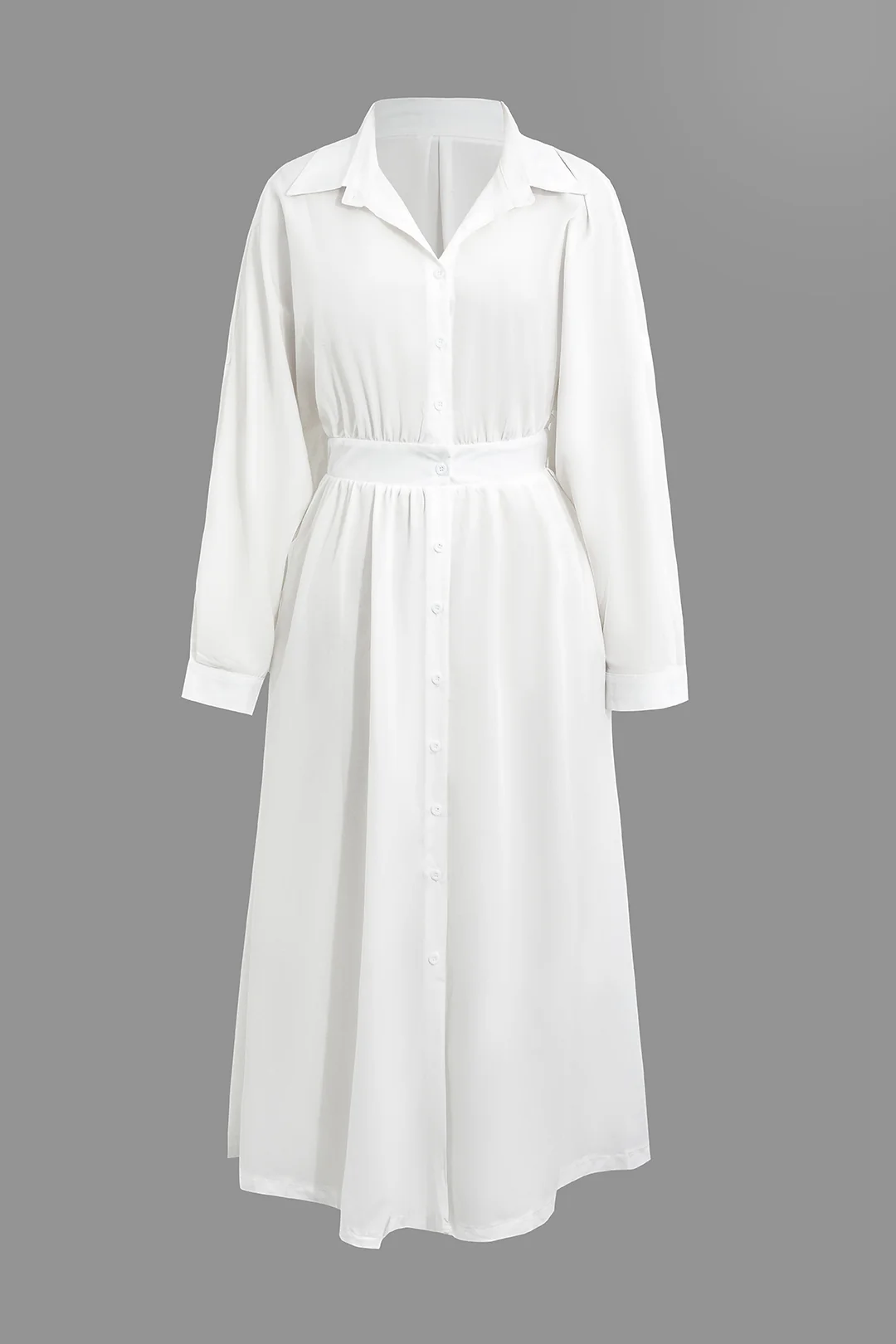 V-Neck Button Ruched Long Sleeve Midi Dress - Weenar