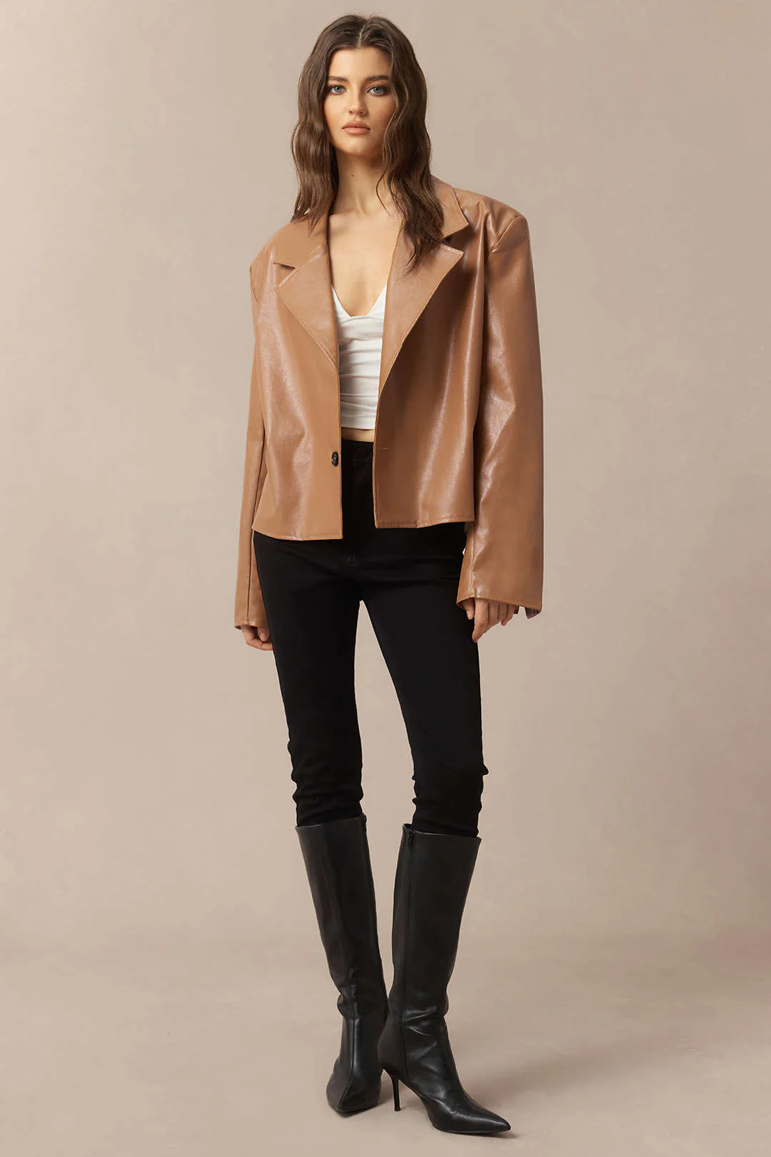 Faux Leather Notched Lapel Jacket - Weenar