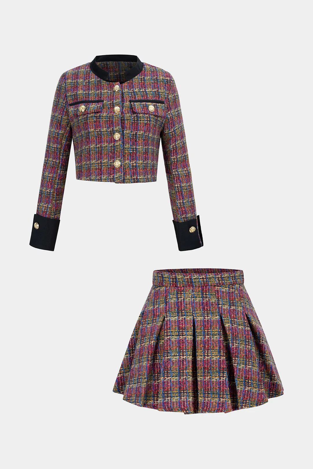 Tweed Patchwork Button Pockets Jacket And Pleated Mini Skirt Set - Weenar