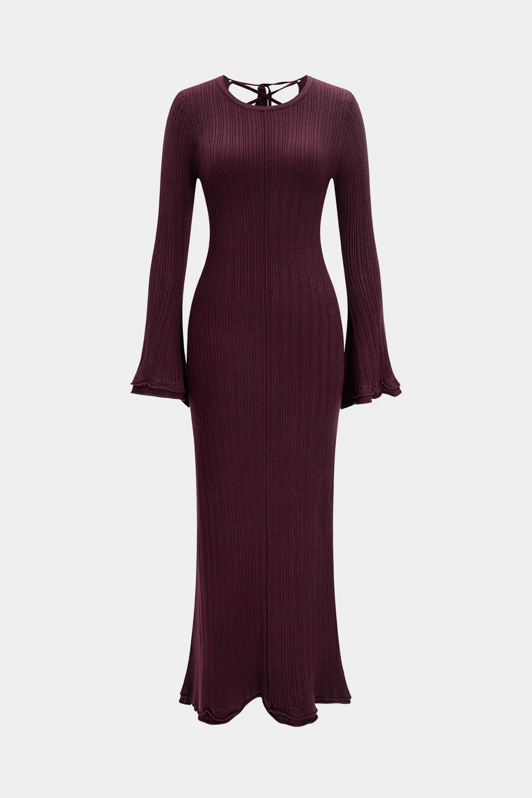 Knit Round Neck Tie-Back Scallop Edge Long Sleeve Dress - Weenar