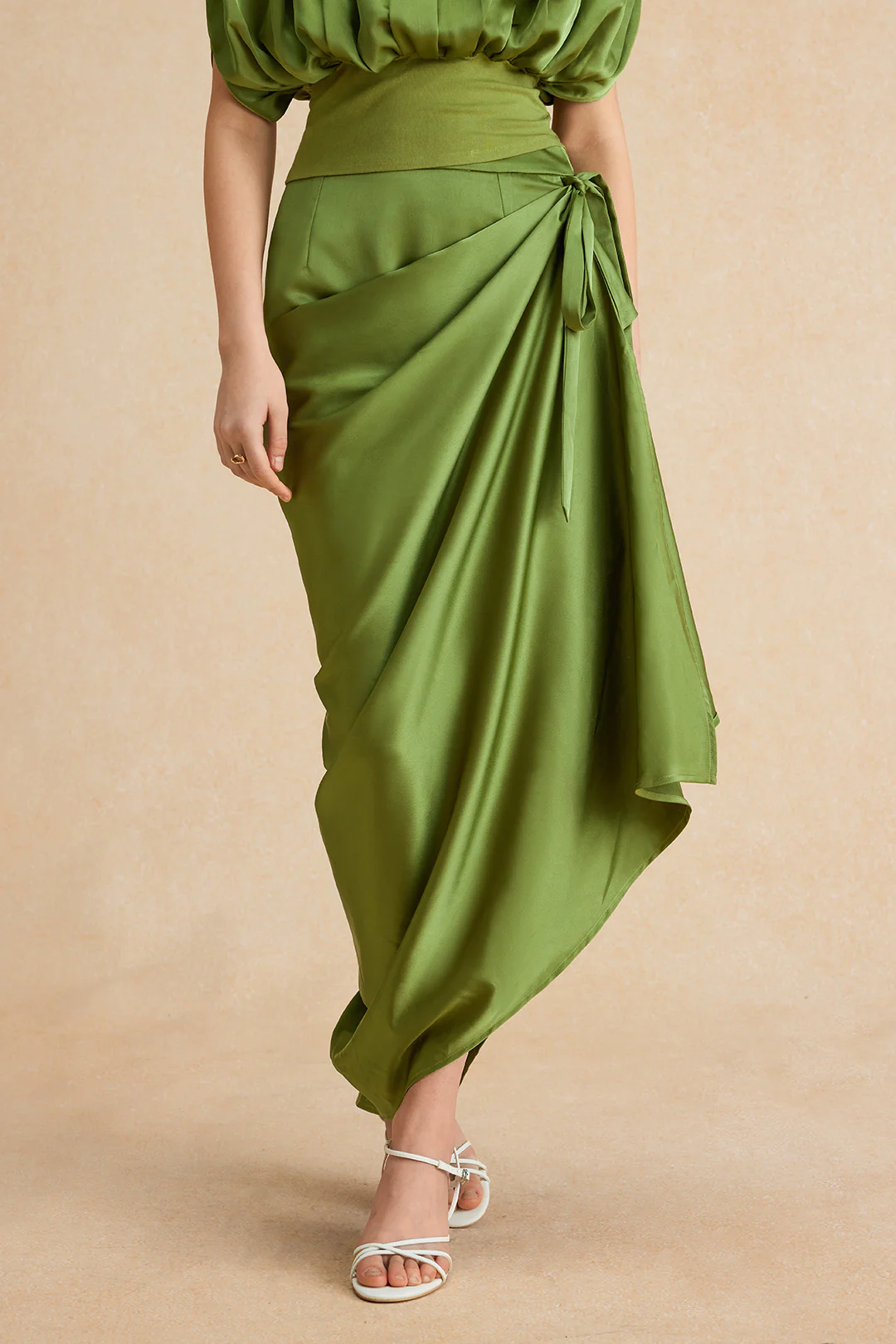 Satin Asymmetrical Ruched Tie Knot Zipper Skirt - Weenar