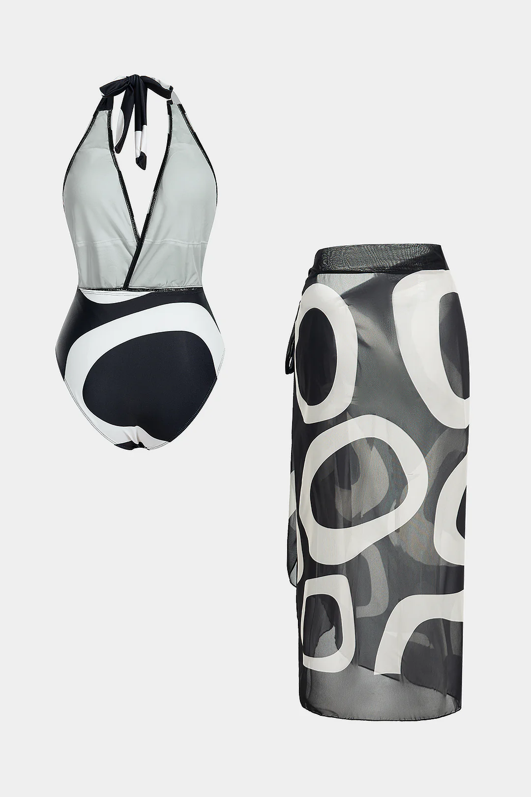Abstract Print Mesh Tie-Up Backless Bikini Set - Weenar