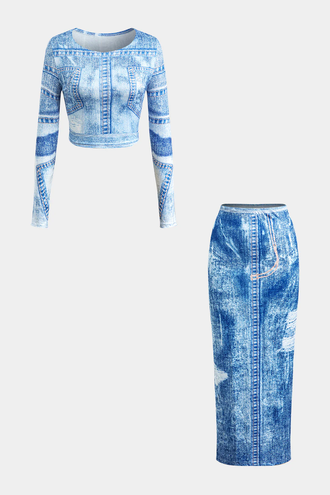 Denim Print Round Neck Long Sleeve Top And Bodycon Skirt Set - Weenar