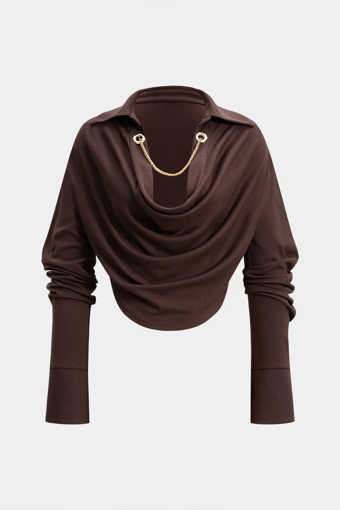 Metallic Chain Draped Cowl Neck Long-Sleeve Top - Weenar