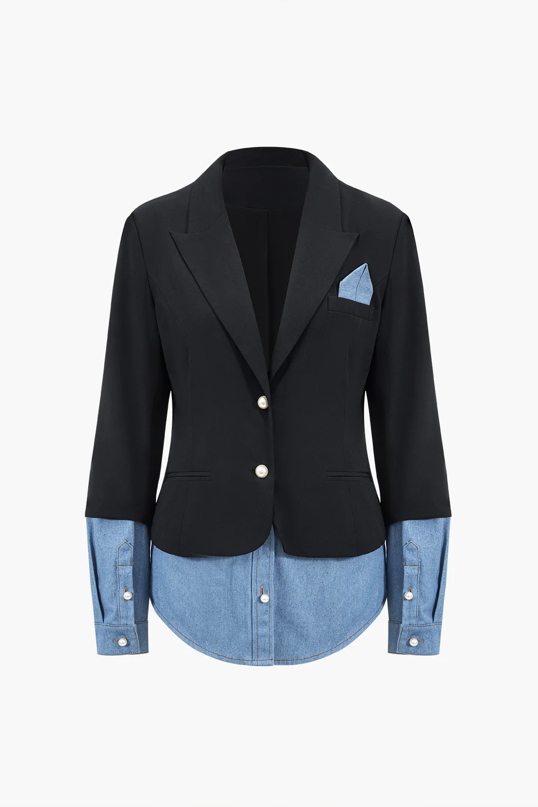 Denim Patchwork Notched Lapel Blazer - Weenar