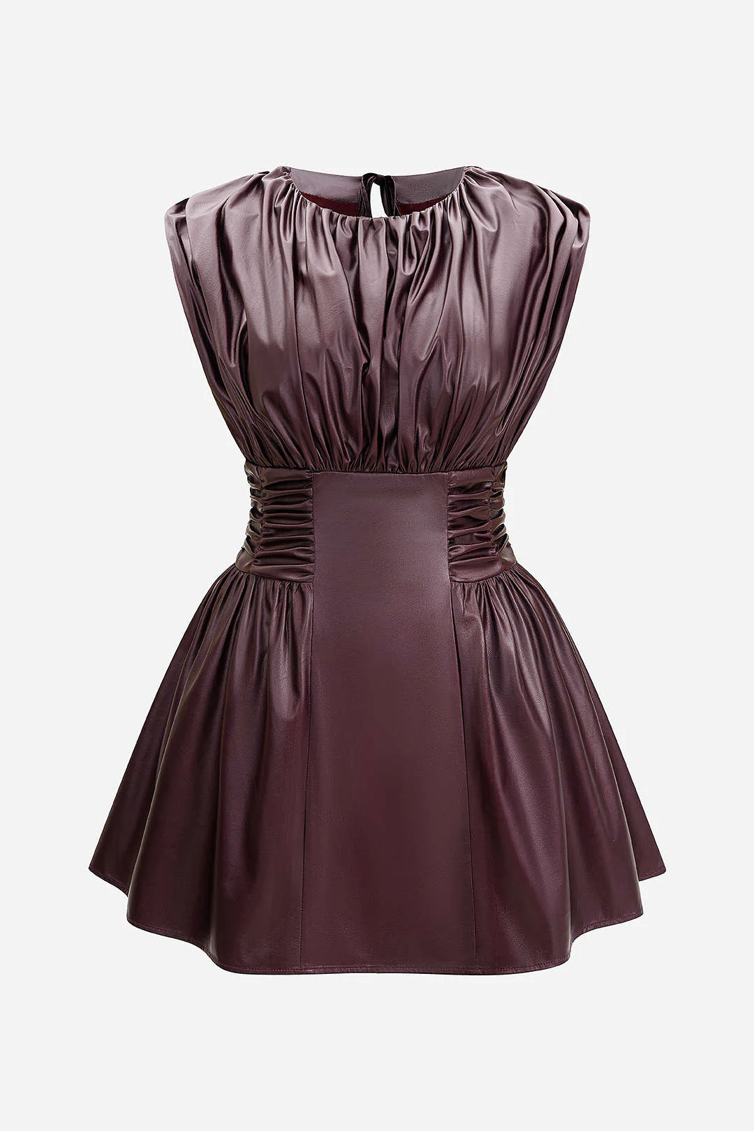 Plus Size Faux Leather Tie Back Backless Ruched Sleeveless Mini Dress - Weenar